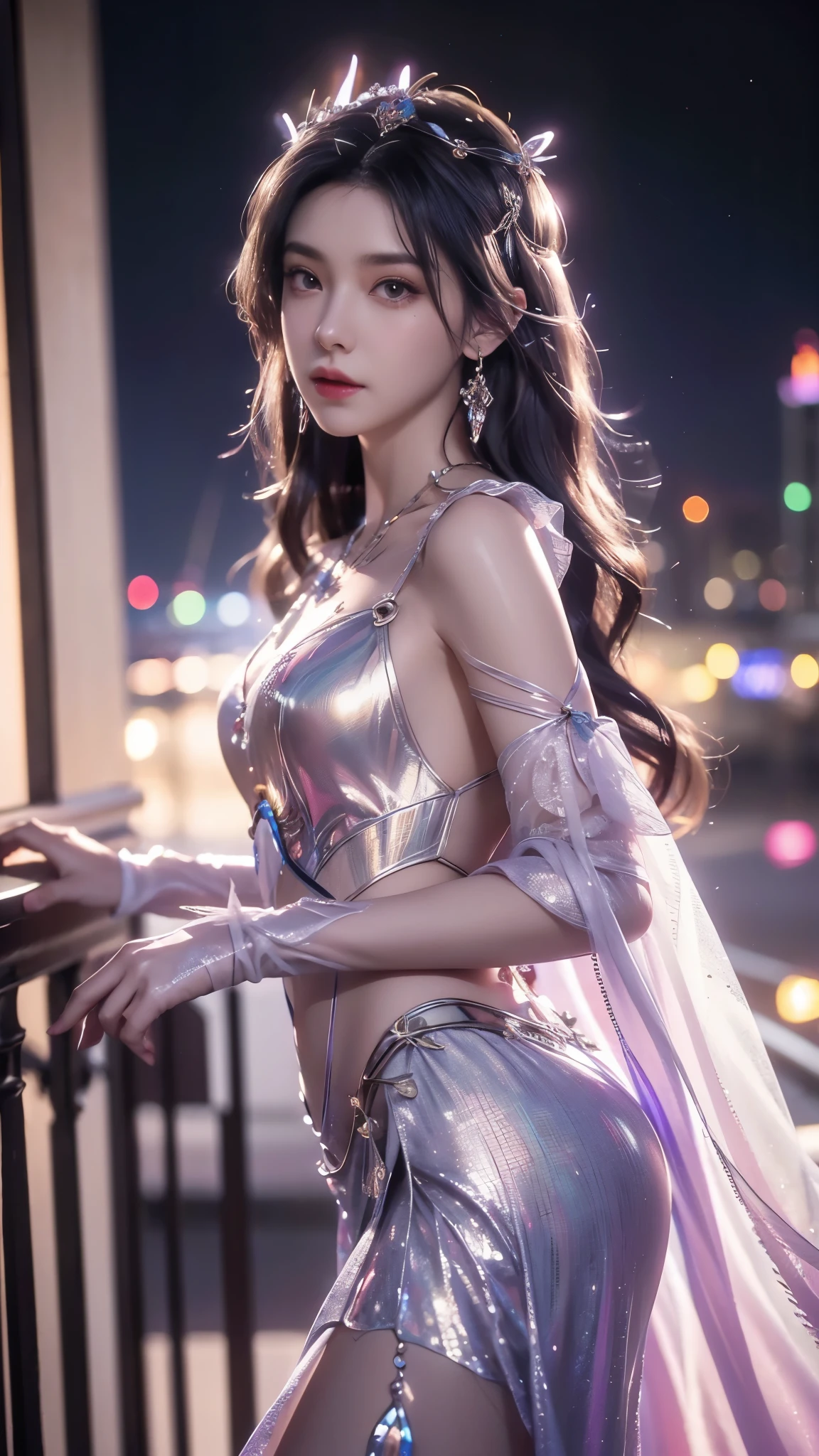 8K, UHD, MAsterpiece, best quality, 1 girl, ((realistic face)), happy pace, very long hair, small breasts, decorated dress, very beautiful ornaments dress, ((lace)), mesh dress, mesh cape flowing, sardine, loops, ((ornaments)), legendary night balcony, depth of field, cinematic lighting, chromatic aberration, motion blur, glowing light, god rays, ray tracing, ((reflection light)), backlighting, bloom, chromatic aberration abuse, multiple monochrome, navel,