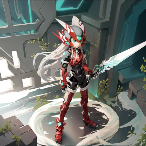 megzeromyth2023, 1boy, long white hair, red armor, green energy sword, high quality, masterpiece, standing in an underwater city...