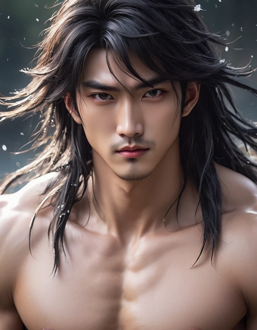 （Male character design），（Close-up of the cold and  Chinese handsome man Pan An），（Close-up above the waist），（Very long and messy hair：1.1），（Big bright eyes，Double eyelids），Sad Prince，Inspired by Chinese actor Hu Ge，Detailed abdominal muscles，Red lips and white teeth、I would rather be gentle and melancholy，（Pan An wearing modern men&#39;s clothing&#39;Fashion. Pan An is tall and tall.，Ji Yu Xuanang，He has a strong physique，Pan An&#39;s skin was fair and flawless，His delicate facial features，Clear and bright eyes，His nose bridge is very high，Red lip and white teeth，Show your kingly style，Noble temperament，Hairstyles in the Western Jin Dynasty，King&#39;s dominance，black and white，Chinese Ink Painting，black and white illustrations，