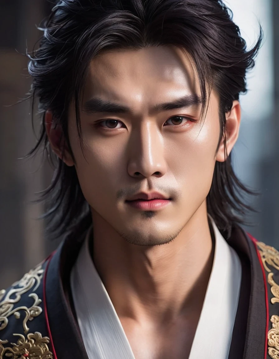 （Male character design），（Close-up of the cold and  Chinese handsome man Pan An），（Close-up above the waist），（Very long and messy hair：1.1），（Big bright eyes，Double eyelids），Sad Prince，Inspired by Chinese actor Hu Ge，Detailed abdominal muscles，Red lips and white teeth、I would rather be gentle and melancholy，（Pan An wearing modern men&#39;s clothing&#39;Fashion. Pan An is tall and tall.，Ji Yu Xuanang，He has a strong physique，Pan An&#39;s skin was fair and flawless，His delicate facial features，Clear and bright eyes，His nose bridge is very high，Red lip and white teeth，Show your kingly style，Noble temperament，Hairstyles in the Western Jin Dynasty，King&#39;s dominance，black and white，Chinese Ink Painting，black and white illustrations，