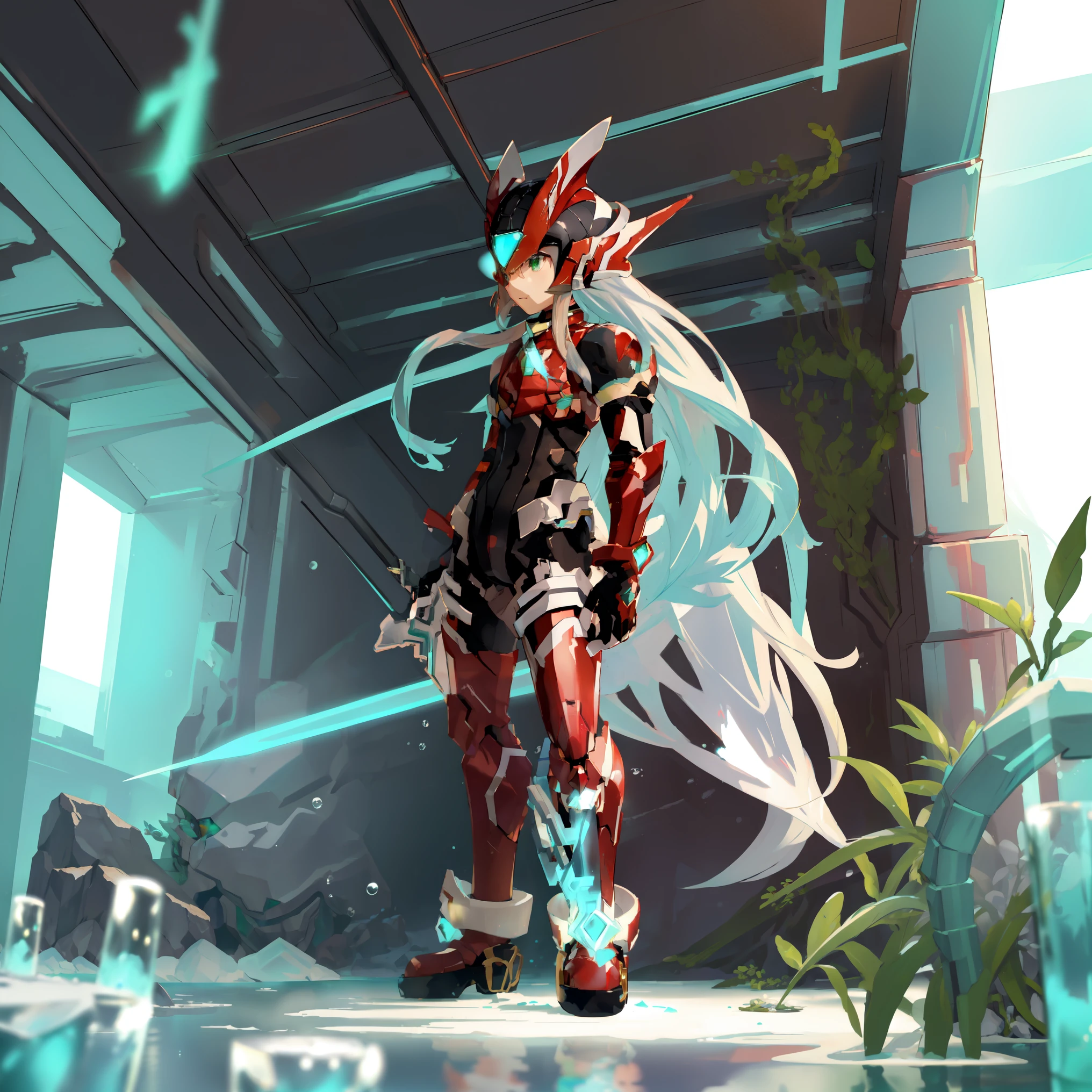 megzeromyth2023, 1boy, long white hair, red armor, green energy sword, high quality, masterpiece, standing in an underwater city with lots of bubbles, in the style of yuumei, intricate architectures, indigo, miniature illumination, daniel f. gerhartz