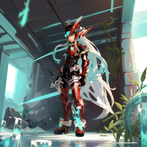 megzeromyth2023, 1boy, long white hair, red armor, green energy sword, high quality, masterpiece, standing in an underwater city...