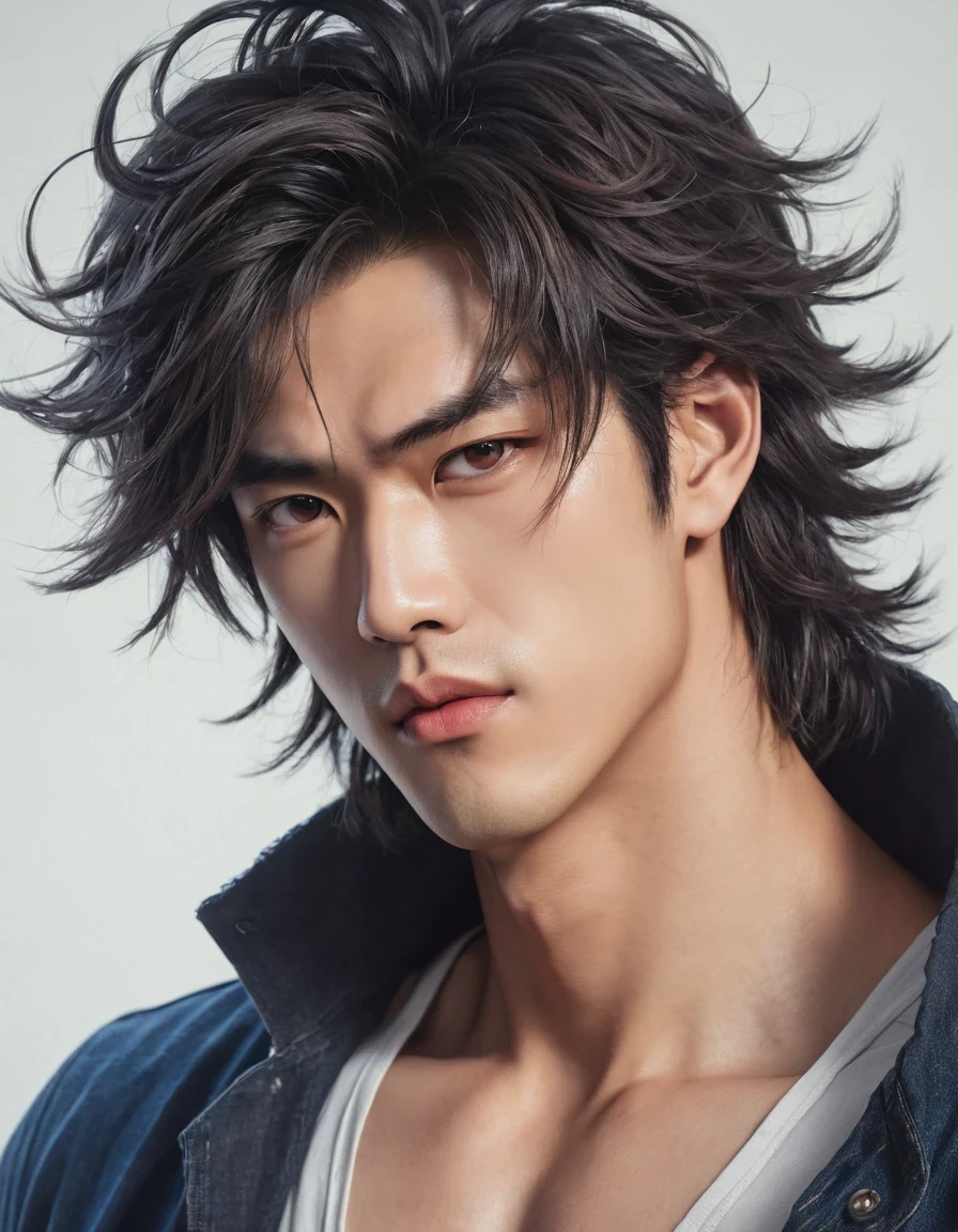 （Male character design），（Close-up of the cold and  Chinese handsome man Pan An），（Close-up above the waist），（Very long and messy hair：1.3），（Big bright eyes，Double eyelids），Sad Prince，Toning muscles，jeans，Detailed abdominal muscles，Chinese beauty，Sexy big mouth，delicate and pretty、I would rather be gentle and melancholy，（Pan An wearing modern men&#39;s clothing&#39;Fashion. Pan An is tall and tall.，He has a well-proportioned and strong physique，Pan An&#39;s skin was fair and flawless，His delicate facial features，Clear and bright eyes，His nose bridge is very high，，Show your kingly style，Noble temperament，