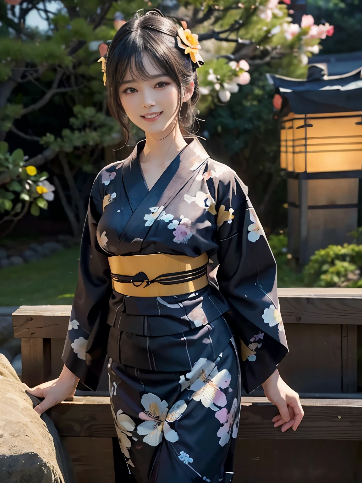 (ultra realistic), (best illustration), (increase resolution), (8K), (masterpiece), (wallpaper), solo, 1 girl, looking at viewers, black straight hair, slender body, plump breasts, pureerosfaceace_v1, happy smile, (floral Yukata:1.5), Japanese Garden