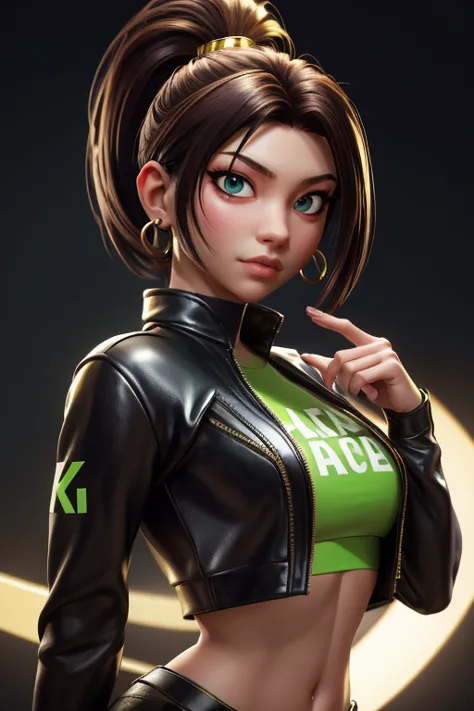 Woman with ponytail and green eyes and gold earrings wearing black leather pants and a green crop top with a double K logo writt...