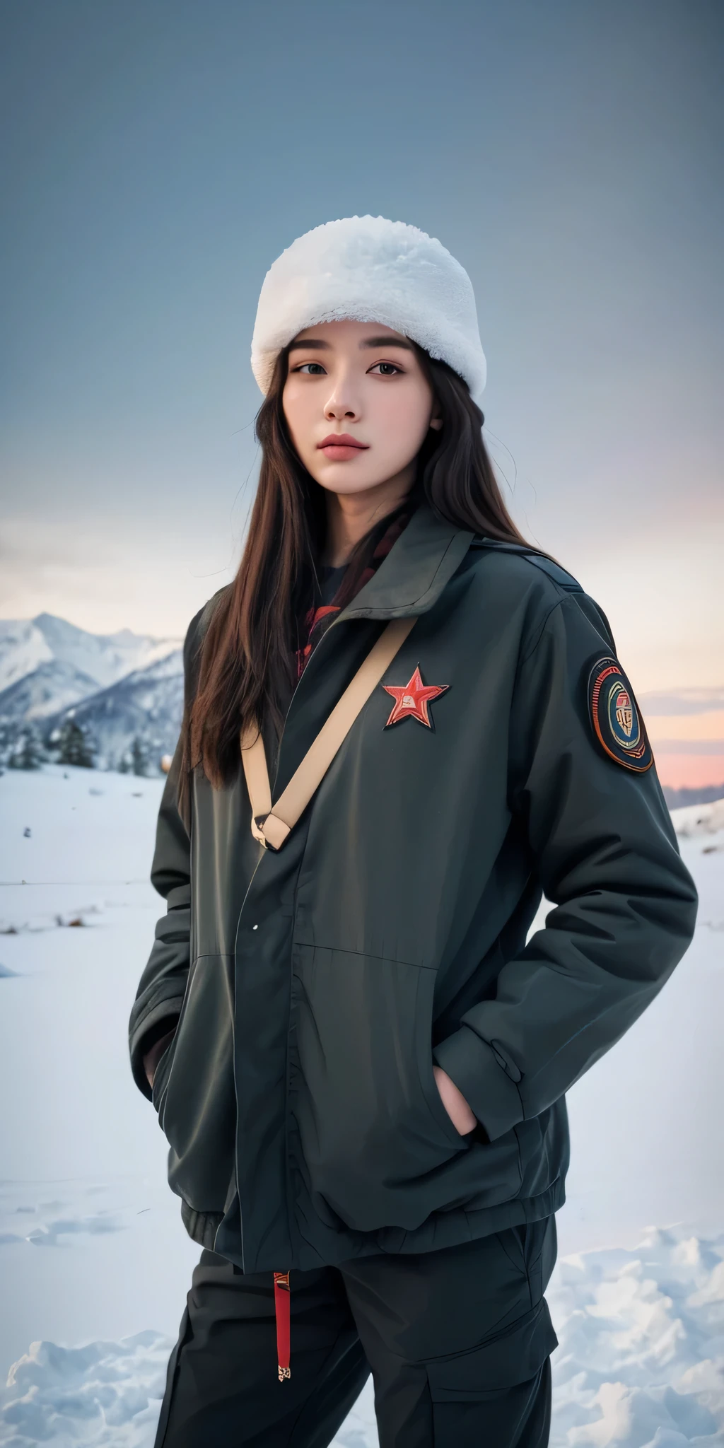 ((best quality)), ((masterpiece)), (detailed), perfect face, beautiful female, tall body, black hair, long hair, winter military uniform, thick winter combat suit, ushanka, ushanka with a red star in the middle, standing in the middle of a snowy mountain, breath emitting steam, sharp gaze at the viewer, badass looking, cool face, Hands put in pockets 