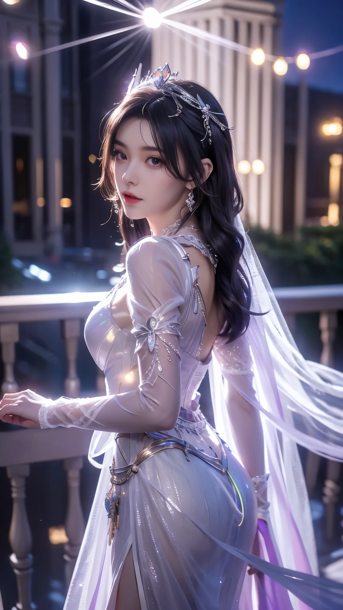 8K, UHD, MAsterpiece, best quality, 1 girl, ((realistic face)), happy pace, very long hair, small breasts, decorated dress, very beautiful ornaments dress, white color, ((lace)), mesh dress, mesh cape flowing, sardine, loops, ((ornaments)), legendary night balcony, ((night:1.5)), depth of field, cinematic lighting, chromatic aberration, motion blur, glowing light, god rays, ray tracing, ((reflection light)), backlighting, bloom, chromatic aberration abuse, multiple monochrome,