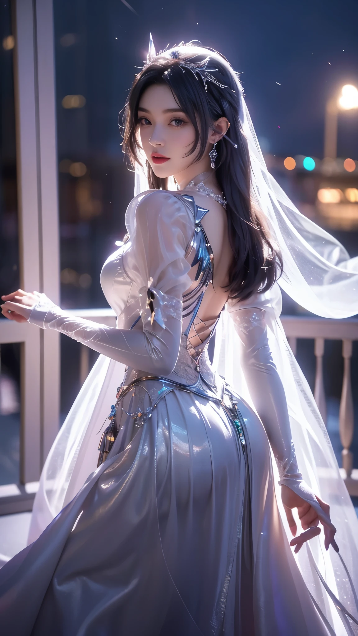 8K, UHD, MAsterpiece, best quality, 1 girl, ((realistic face)), happy pace, very long hair, small breasts, decorated dress, very beautiful ornaments dress, white color, ((lace)), mesh dress, mesh cape flowing, sardine, loops, ((ornaments)), legendary night balcony, ((night:1.5)), depth of field, cinematic lighting, chromatic aberration, motion blur, glowing light, god rays, ray tracing, ((reflection light)), backlighting, bloom, chromatic aberration abuse, multiple monochrome,