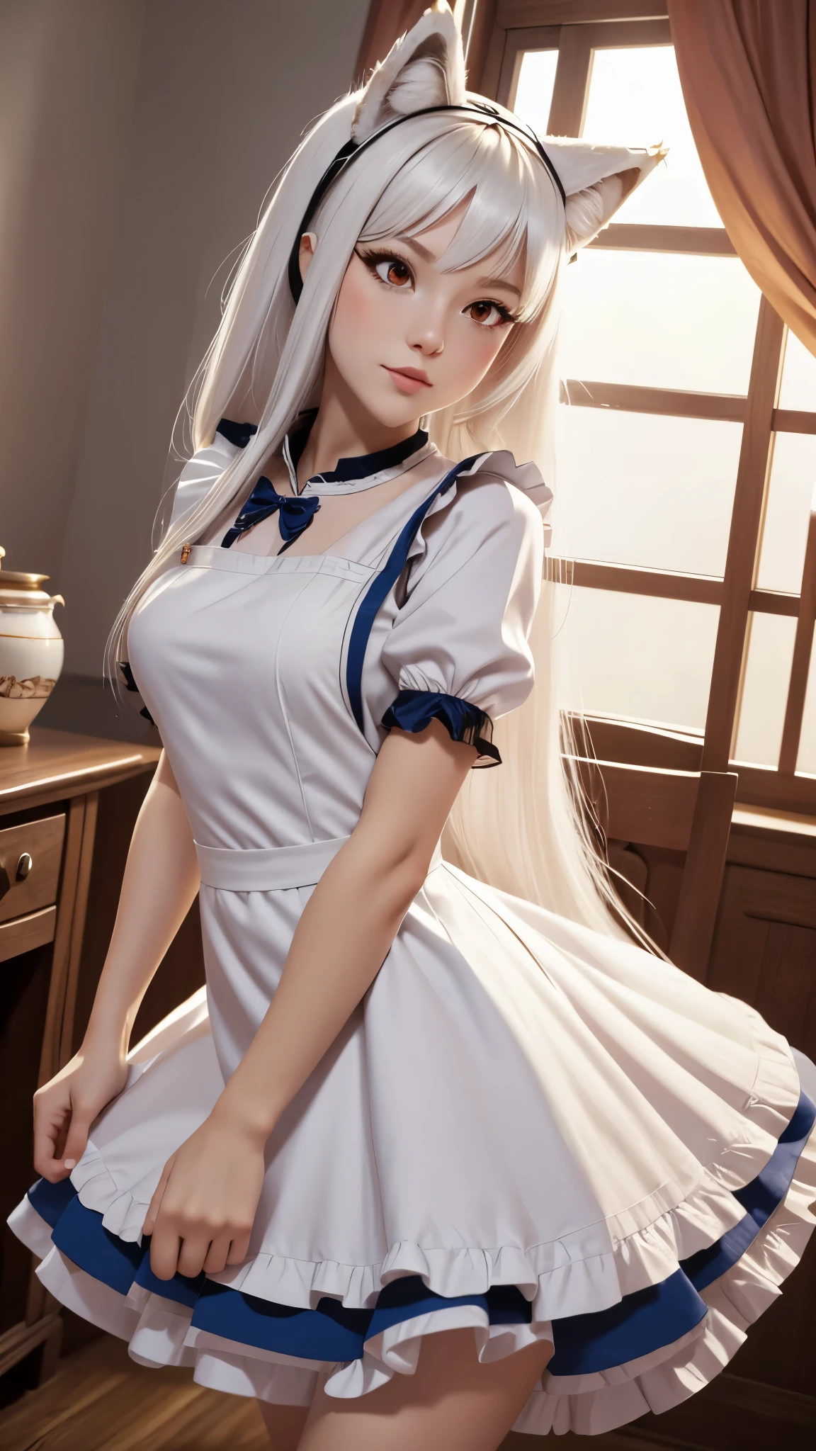 1girl, ebenya, looking at viewer, white hair, foxgirl, kumiho, fox ears, fox tail, open clothes, (maid, maid uniform), thin body, flat chest, seating pose, , cleaning "device", kiss, lips, , royal country house, tsar house, ba-shiroko, comics, fantasia, sfw, marvel e DC, holo, long hair, animal ears, wolf ears, wolf girl, tail, wolf tail, looking at viewer, medium breasts, dress,