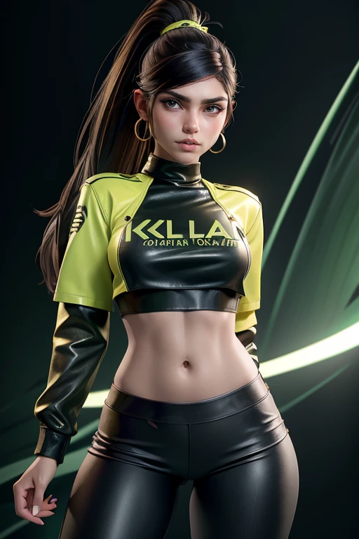 Woman with ponytail and green eyes and gold earrings wearing black leather pants and a green crop top with a double K logo written on the shirt and a yellow leather jacket on top.. Looking at the viewer in the surroundings of Tahiti.. Muy detallado. cinematic lighting. dynamic angle. Obra maestra. golden ratio.