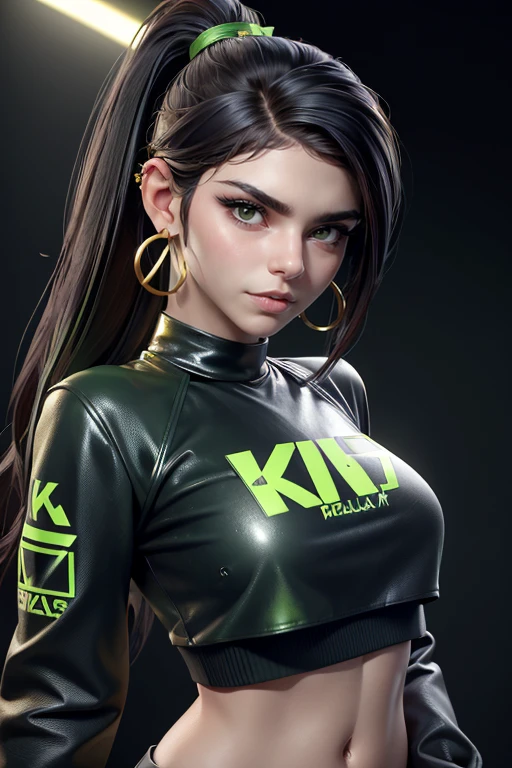 Woman with ponytail and green eyes and gold earrings wearing black leather pants and a green crop top with a double K logo written on the shirt and a yellow leather jacket on top.. Looking at the viewer in the surroundings of Tahiti.. Muy detallado. cinematic lighting. dynamic angle. Obra maestra. golden ratio.