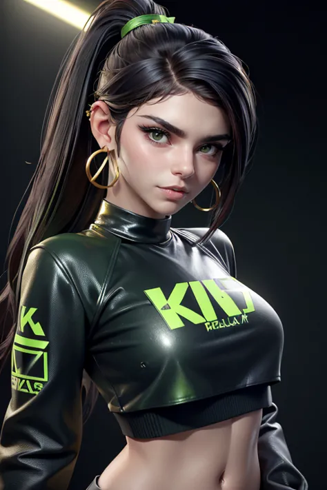 woman with ponytail and green eyes and gold earrings wearing black leather pants and a green crop top with a double k logo writt...