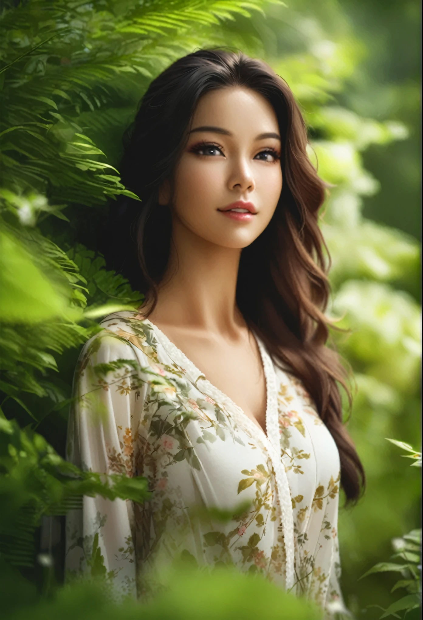 木材々たくさんの花が咲く森の中に立つ、胸の大きな女性のクローズアップ, 美しい女性の写真, ゴージャスな女性, 美しい東洋の女性, 素晴らしい女性, 素敵な女性, 美しい女性モデル, 美しいアジア人女性, 美しいモデルのポートレート, とても美しい女性, 緑豊かな環境, 美しい若い女性, 70mmポートレート
