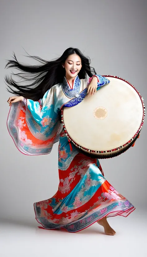 Motion Blur, Black and white close-up, White background, (A beautiful girl in a colorful Chinese costume is enthusiastically pla...