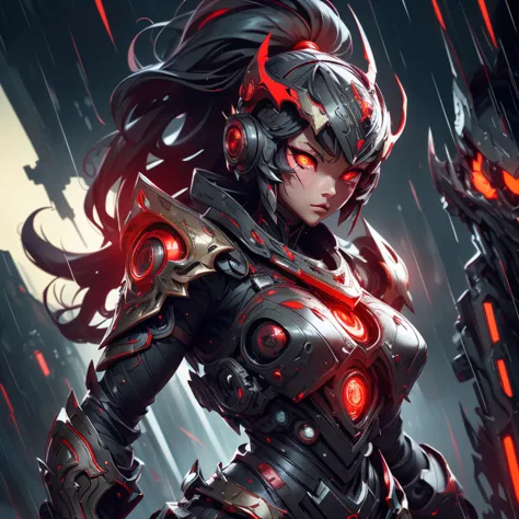 1 japanese girl, battle armor, intricate pattern, heavy metal, energy lines, faceless, glowing eyes, elegant, intense, blood red...