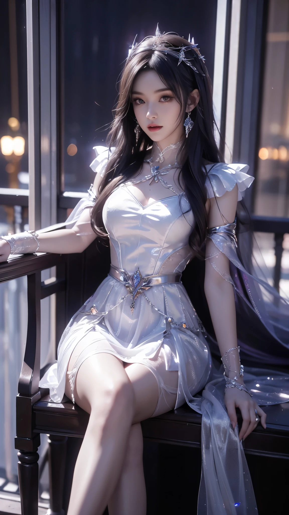 8K, UHD, MAsterpiece, best quality, 1 girl, ((realistic face)), happy pace, very long hair, small breasts, perfect waist, decorated dress, very beautiful ornaments dress, white color, ((lace)), mesh dress, mesh cape flowing, sardine, loops, ((ornaments)), legendary night balcony, ((night:1.5)), depth of field, cinematic lighting, chromatic aberration, motion blur, glowing light, god rays, ray tracing, ((reflection light)), backlighting, bloom, chromatic aberration abuse, multiple monochrome, sitting on the chair,