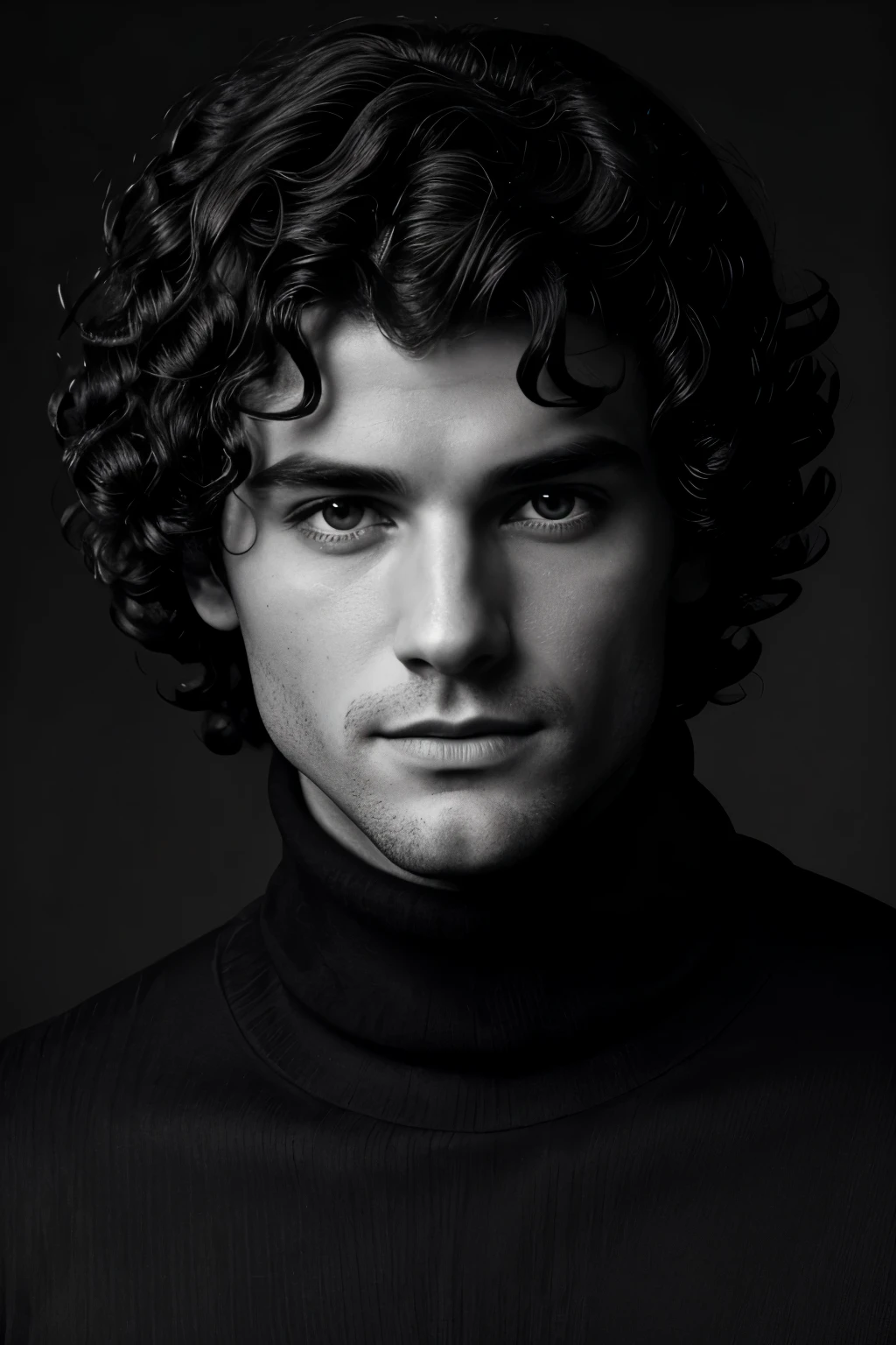 Photo-BW, man, Human-Likeness, photomodel, black hair, curly hair, black turtleneck sweater, grey  background
Portrait-Medium Shot