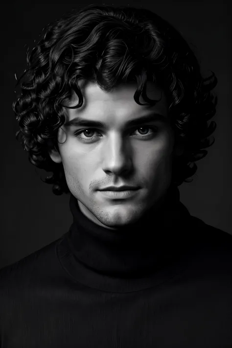 photo-bw, man, human-likeness, photomodel, black hair, curly hair, black turtleneck sweater, grey  background
portrait-medium sh...