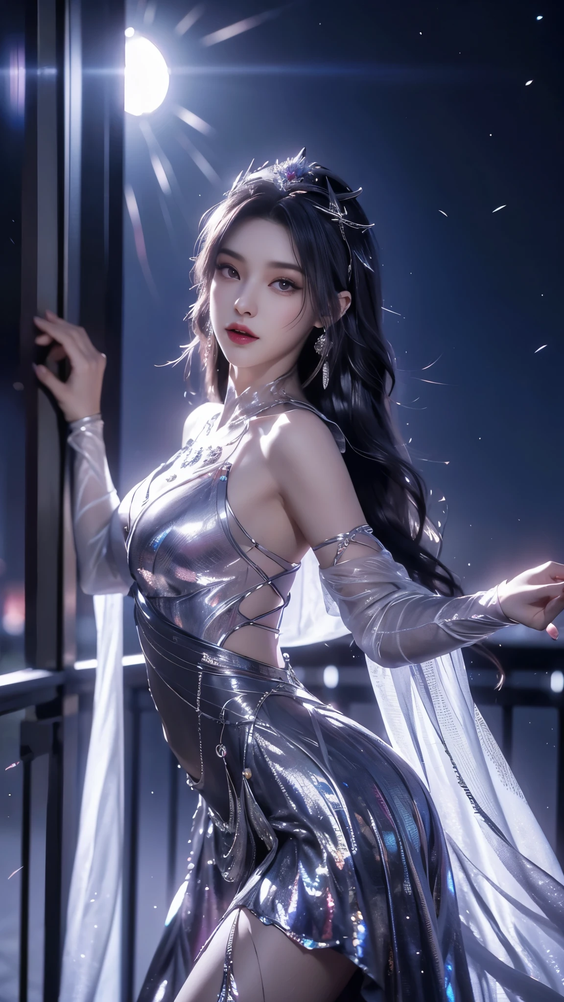 8K, UHD, MAsterpiece, best quality, 1 girl, ((realistic face)), happy pace, very long hair, small breasts, perfect waist, decorated dress, very beautiful ornaments dress, silver color, ((lace)), mesh dress, mesh cape flowing, sardine, loops, ((ornaments)), legendary night balcony, ((night:1.5)), depth of field, cinematic lighting, chromatic aberration, motion blur, glowing light, god rays, ray tracing, ((reflection light)), backlighting, bloom, chromatic aberration abuse, multiple monochrome, belly pose,