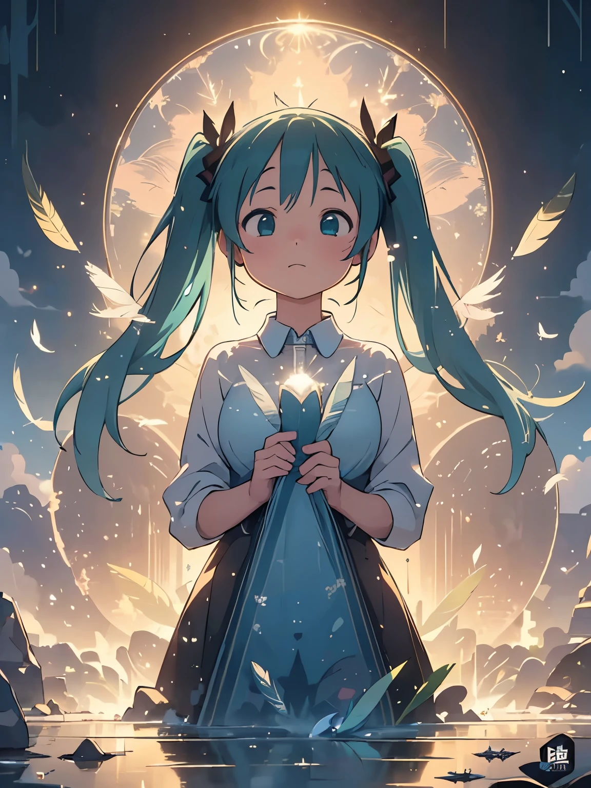 (masterpiece、highest quality、highest quality、Official Art、Beautiful and beautiful:1.2)、(One girl:1.3)Hatsune Miku、Twin tails,Big Breasts,Absurd, High resolution,, (One Girl, alone), Big eyes,, Townscape,, (water effects, Light effects, fluttering feathers:1.2),Chubby