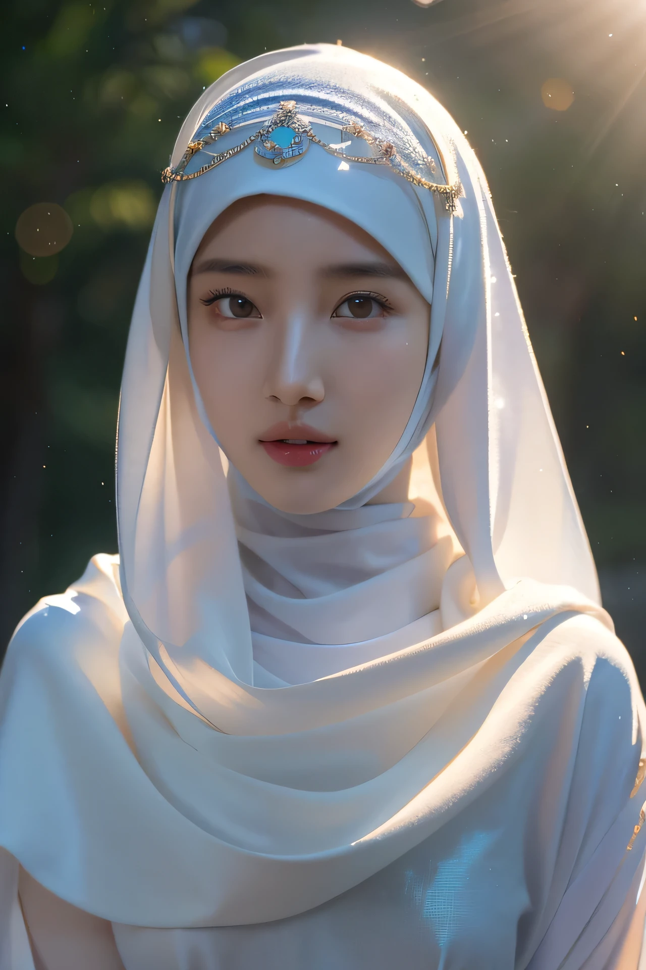 8k, masterpiece, RAW photo, best quality, photorealistic, extremely detailed CG unity 8k wallpaper, Depth of field, Cinematic Light, Lens Flare, Ray tracing, (extremely beautiful face, beautiful lips, beautiful eyes), intricate detail face, ((ultra detailed skin) 1Girl,Tyndall effect,light and shadow, wear the hijab.