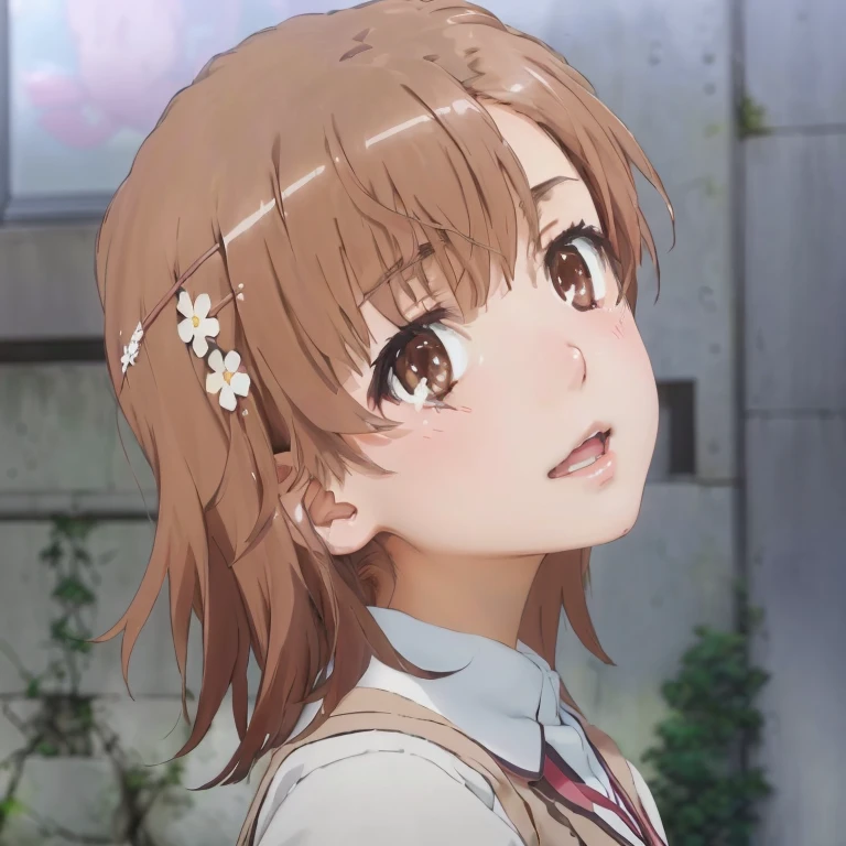 Brown hair、Anime girl with white flowers on her head, Another close-up of Iwakura, Sayori, ( ( ( Akira Yoshinari ) ) ), Cute girl anime visual, Kyoto Animation stills, Another close-up of Iwakura, Electromagnetic cannon, Kyoto Animation, Close-up of Iwakura Ren, She has a cute expression bangs, Slim hair behind the ears, , Thin face, delicate lips, beautiful eyes, light blush, Eyes are brown, Perfect and radiant skin, Perfect skin