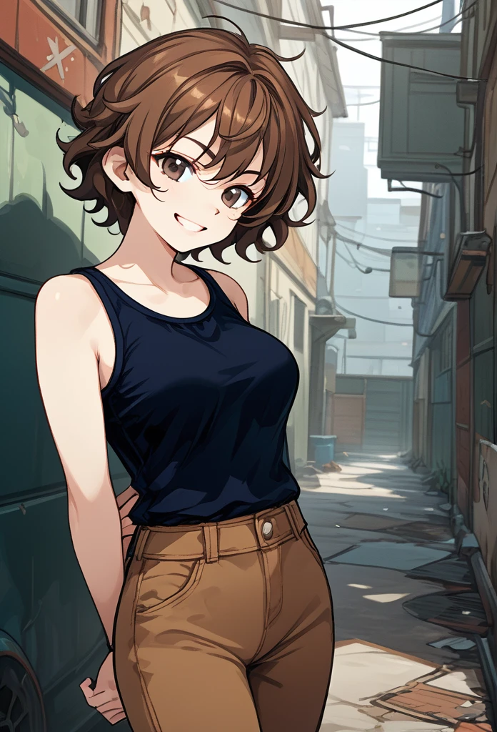 Tomboy girl, short hair, wavy hair, brown hair, cool face, glossy lips, hazel eyes, playful grin, stylish clothes, brown pants, arms behind back, medium breasts, looking at viewer, alley background