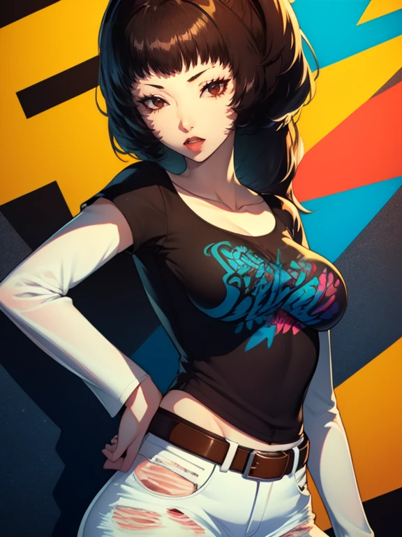 Rise Kujikawa (Persona) ,glossy lips, brown hair, 1girl, solo, black t-shirt, white shirt, blue jeans, belt, lipstick, large breasts, layered sleeves