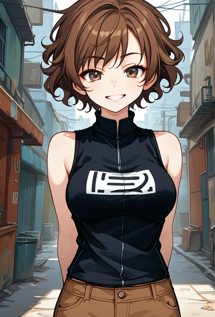 Tomboy girl, short hair, wavy hair, brown hair, cool face, glossy lips, hazel eyes, playful grin, sleeveless clothes, brown pants, arms behind back, medium breasts, looking at viewer, alley background