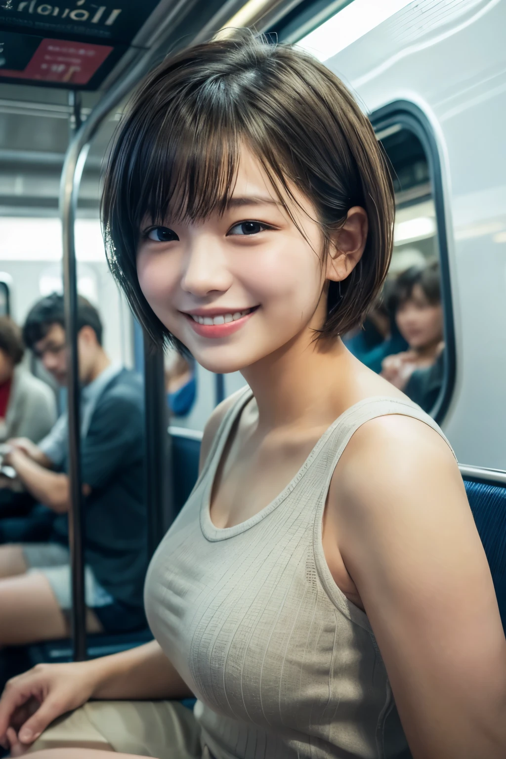 highest quality, masterpiece, Ultra-high resolution, (Reality: 1.4), Original photo, One woman, mature, happy smile, short hair, plump body, , Cinema Lighting, from below, High school girl on a crowded train
