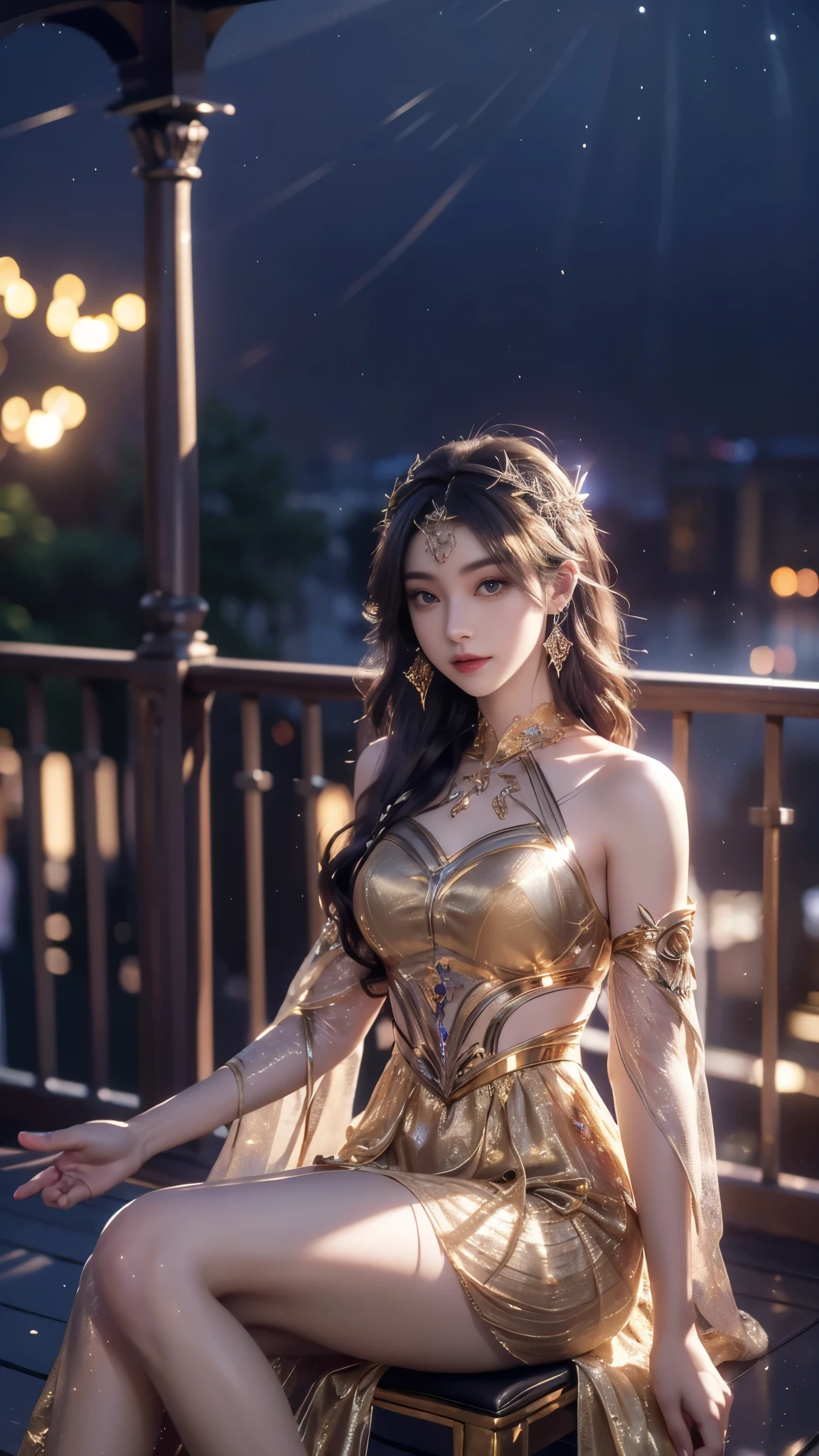 8K, UHD, MAsterpiece, best quality, 1 girl, ((realistic face)), happy pace, very long hair, small breasts, perfect waist, decorated dress, very beautiful ornaments dress, ((golden color)), ((lace)), mesh dress, mesh cape flowing, sardine, loops, ((ornaments)), legendary night balcony, ((night:1.5)), depth of field, cinematic lighting, chromatic aberration, motion blur, glowing light, god rays, ray tracing, ((reflection light)), backlighting, bloom, chromatic aberration abuse, multiple monochrome, sitting on the chair,