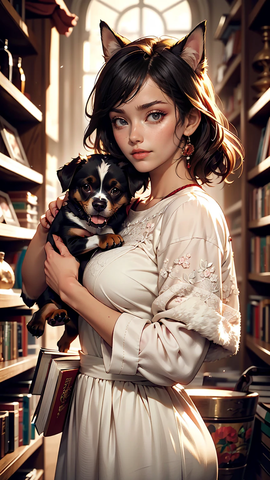 Cute Puppy. Beautiful puppy. Cute Puppy. Portrait of a woman in a white dress, Holding a book with delicate hands, Expressing beauty and strength. Detailed portrait of an indigenous woman drawn in cartoon style, With beautiful eyes, Quick brushstrokes and vibrant colors. Cute Puppy. Beautiful puppy. Cute Puppyの傑作, Has red and white fur. Italian girl posing, Detailed face, Black Hair, An athletic body, Wearing red flannel and jeans. Soft Hair, Smile, Cute Italian.