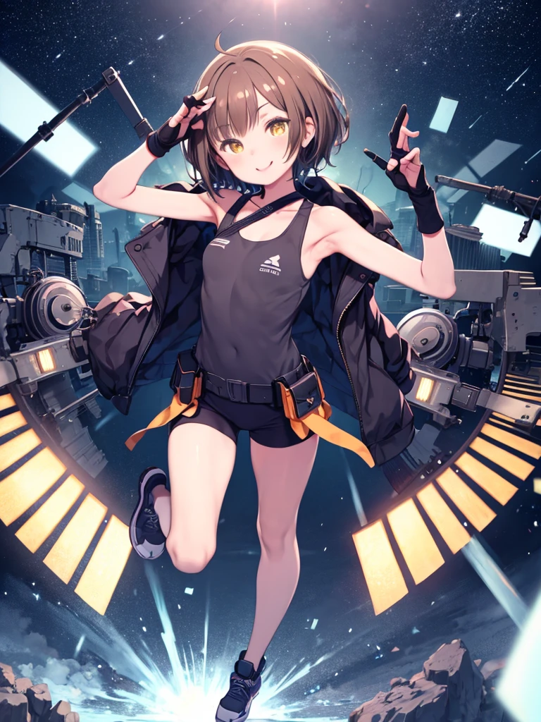 ショートパンツとTank topを着た女性がポーズをとっている、short hair, Brown Hair, Glowing yellow eyes, Perfect Lips,Big smile , A confident smile,Cute expression, Cute Face,Victory pose, Dynamic pose, Fingerless gloves, gun, Tank top, Jacket, Cute pose, Highly detailed face, Long eyelashes, Sharp eyes , Full Body Shot, Dynamic Viewer, Night Sky , Dynamic Perspective,