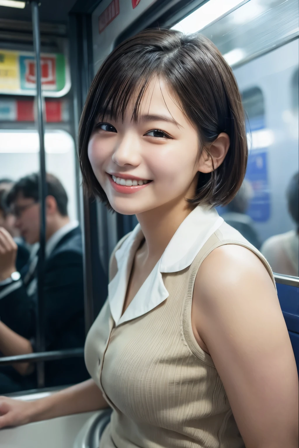 highest quality, masterpiece, Ultra-high resolution, (Reality: 1.4), Original photo, One woman, mature, happy smile, short hair, plump body, , Cinema Lighting, from below, High school girl on a crowded train, Wearing a uniform