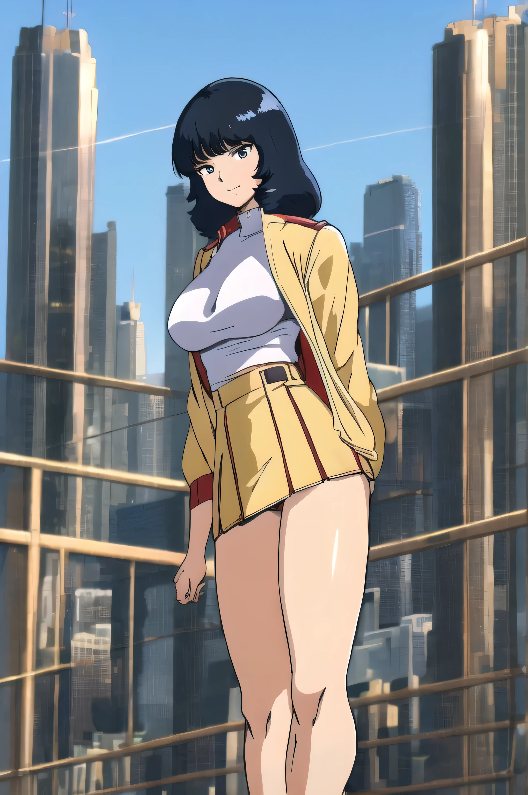 (Masterpiece, Top Quality, Highly Detailed, 16K Anime High Resolution, Anime Style, Clean Brush Strokes, Highly Detailed, Anatomically Perfect Body), ((Fayuri)), Solo, Sexy, Perfect Face, beautiful smile, medium hair, black hair, beautiful and delicate eyes, black eyes, glamorous body, tall body, (big breasts: 1.0), (jacket, blue), (T-shirt), (yellow miniskirt, one side cut) ), black high heels, toned stomach, wide hips: 0.5, (big butt: 0.6), tall, beautiful legs, (standing, front, legs apart), forward facing, (city background), low angle photo ,