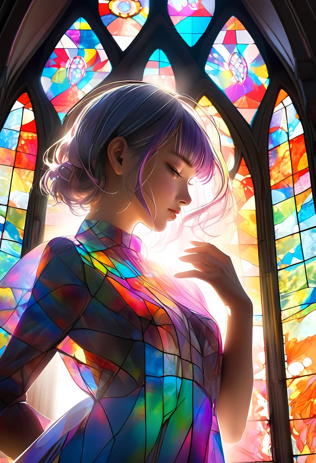 raw photo:1.2, masterpiece, highest quality, 16k, unbelievably absurd, very detailed, perfect beauty, break, double exposure (Church altar, sunlight shining through the stained glass), break, (beautiful cute girl silhouette:1.2, in a beautiful pose, modern wavey hair, through bangs), break, professional lighting, raw photo, vibrant colors