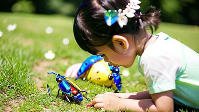 Children playing with beautiful beetles in the grassland、Children playing with beautiful beetles in the grassland、Colorful Mushiking