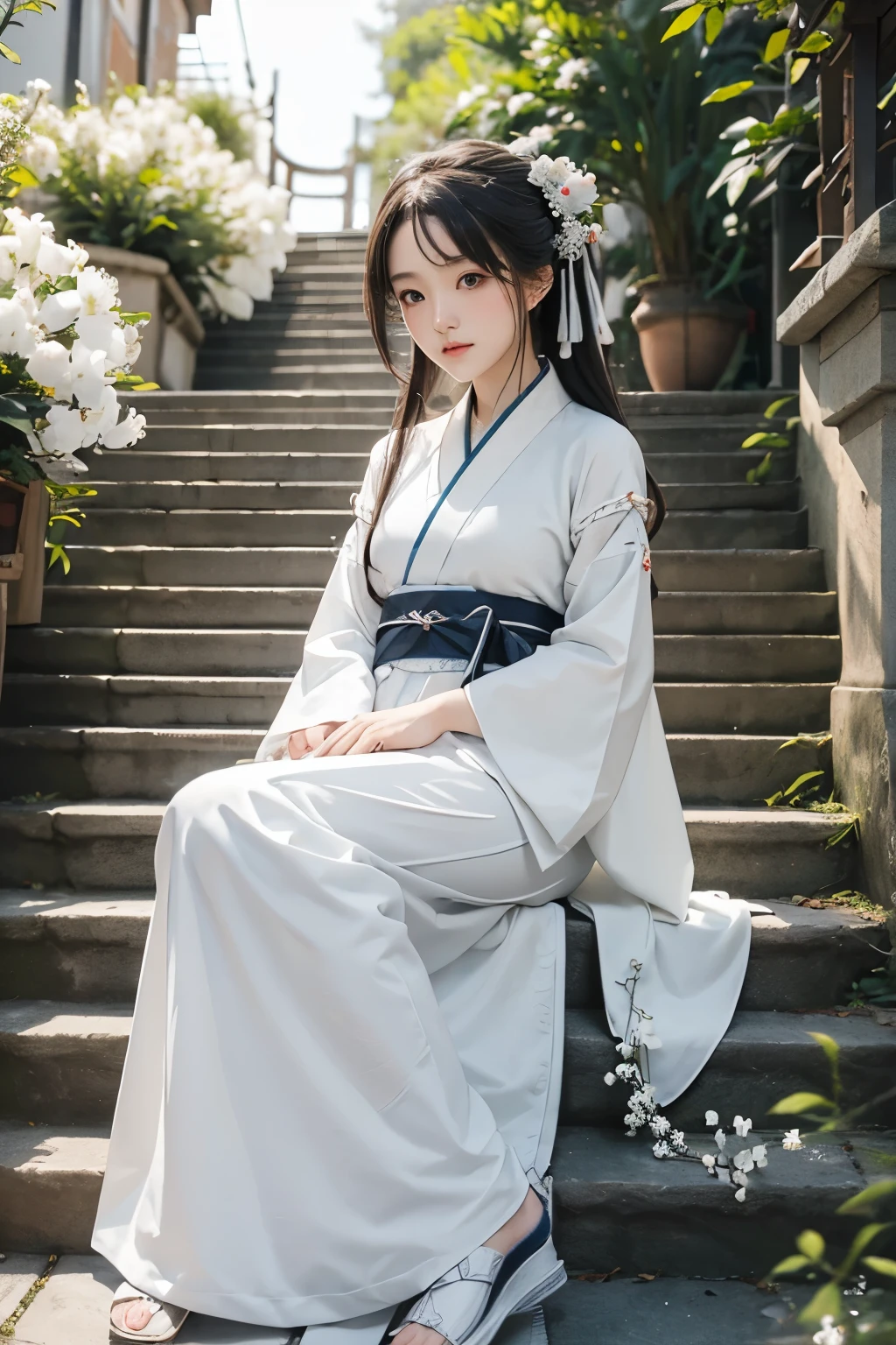 (masterpiece), (best quality), RAW photo, girl, Hanfu, white Hanfu, simple Hanfu, stand, white flowers background, stair, outdoor