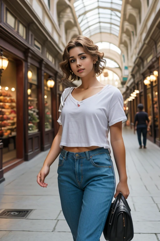 8K, imagen cruda, Photography, hermosa mujer de pelo corto , ropa casual,centro comercial