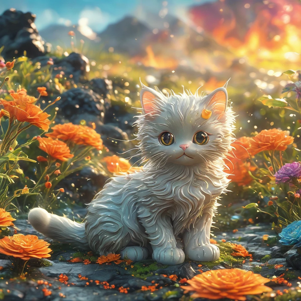 best quality, very good, 16K, ridiculous, Extremely detailed, Lovely(((Cat:1.3)))，Made of translucent boiling lava, Background grassland（（A masterpiece full of fantasy elements）））， （（best quality））， （（Intricate details））（8k）