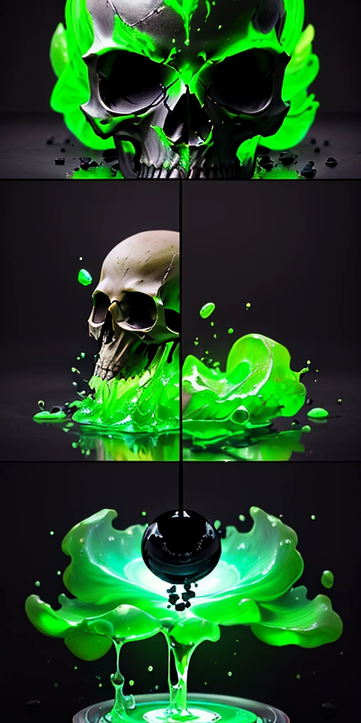 頭蓋骨が入った薬, 毒, 緑色の光る液体, 4k, 現実的, 写真, 黒背景, シンプルな背景, ゲームアイコン