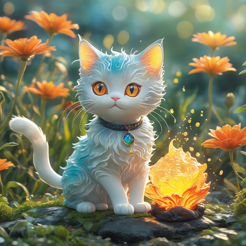 best quality, very good, 16K, ridiculous, Extremely detailed, Lovely(((Cat:1.3)))，Made of translucent boiling lava, Background grassland（（A masterpiece full of fantasy elements）））， （（best quality））， （（Intricate details））（8k）
