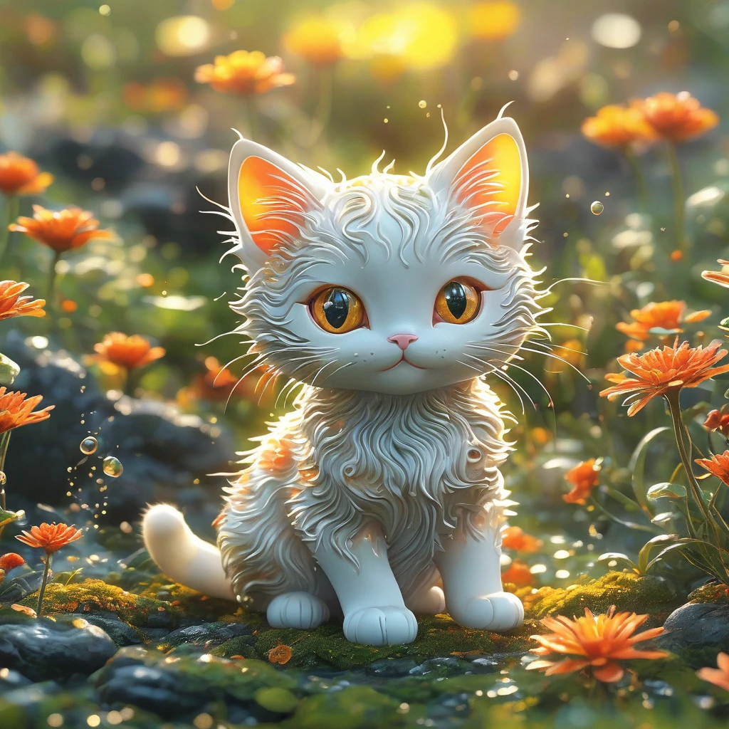 best quality, very good, 16K, ridiculous, Extremely detailed, Lovely(((Cat:1.3)))，Made of translucent boiling lava, Background grassland（（A masterpiece full of fantasy elements）））， （（best quality））， （（Intricate details））（8k）