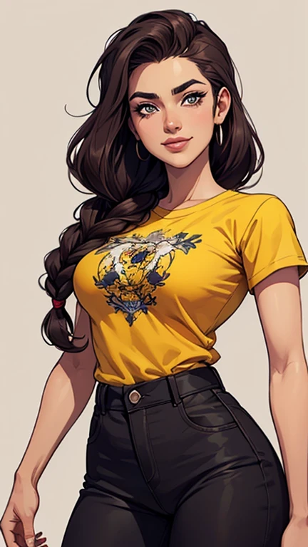 Com um dragão Ennifer Connelly, very long to the waist and half curly with bangs, seios pequenos, olhos grandes com um brilho apaixonado, olhos verdes mel, Um lindo sorriso, vestindo uma camiseta preta longa com um terno feminino (1 garota), medium breasts, bronzeado, moist skin, Pele suada, cabelo loiro ondulado, camiseta punk, garota punkPersonagem Salma Hayek (nua roupas nua pelada sem roupas) imagem de desenho animado de uma mulher jovem .cartoon style illustration, estilo de arte dos desenhos animados,digital illustration style, design de personagens altamente detalhado, arte digital detalhada profissional, floresta Design de personagens de retrato, beautiful digital illustration, retrato de alta qualidade, Arte em quadrinhos, mulher jovem. expression of sexual desire well-aligned braided hair . Roupas leves de primavera