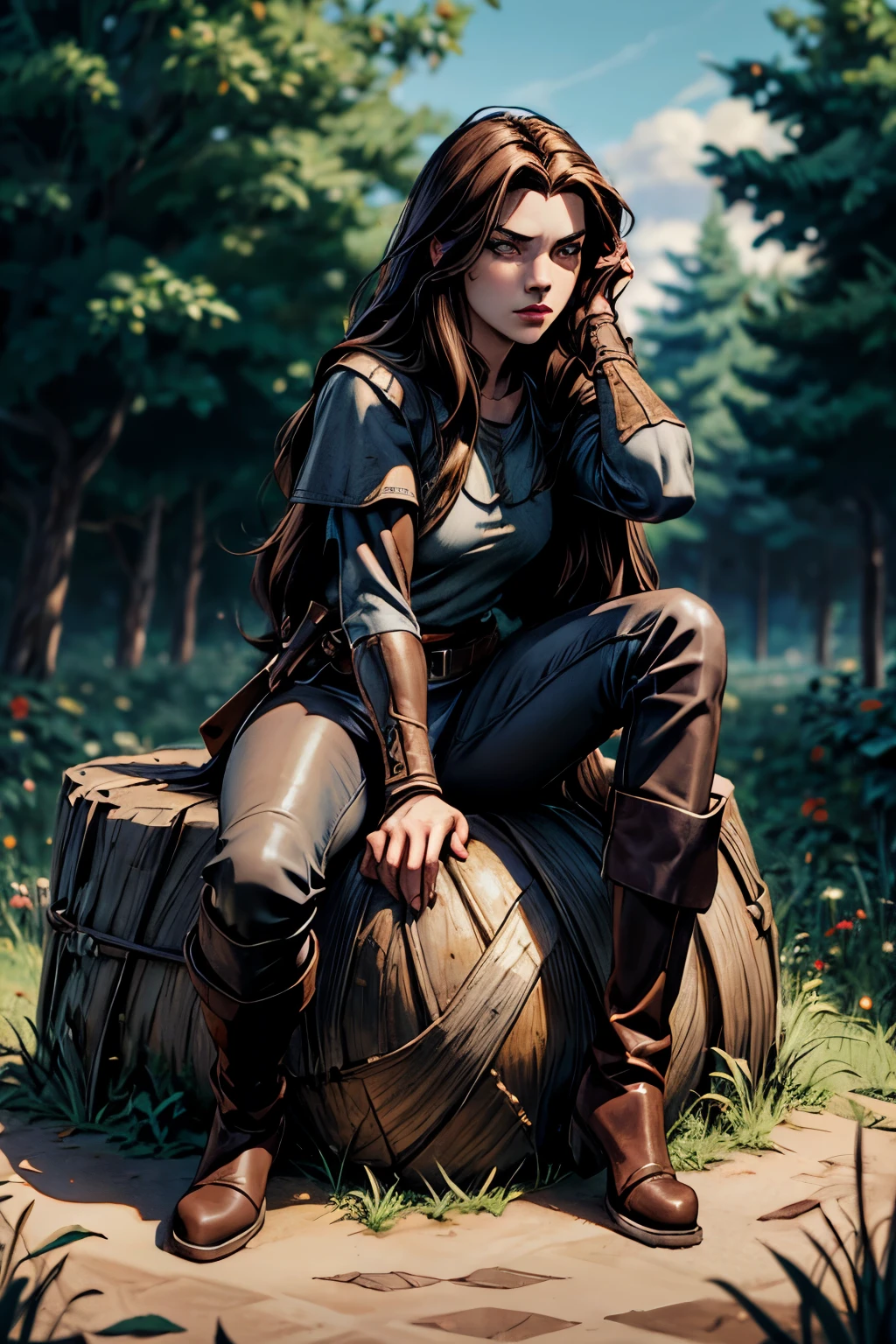 solo, medieval character concept art, ((masterpiece)),((high resolution)),((best quality)), extremely fine and beautiful, super fine illustration, (realistic skin), (insanely detailed anime eyes), mature, face focus, vivid and beautiful, shocking sensation, incredibly detailed, beautiful detailed girl, (small supple breasts:1.0), side view, sitting in stump, facing at viewer, (leather jerkin, loose cotton tunic, loose leather pants, leather boots:1.0) ((brown hair)), (very long hair), (plump thighs:0.6), (wide hips:0.6), movie lighting, weighted shadows, weighted hair, realistic physics, perfect shadow, realistic lighting shaded, medieval outdoor scenery