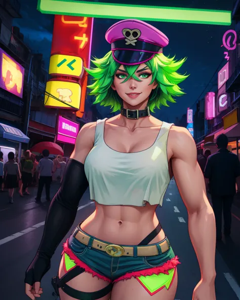 Rhea, light green hair, green eyes,short hair,white crop top,single elbow glove,collar,short shorts,
peaked cap,
upper body,stan...