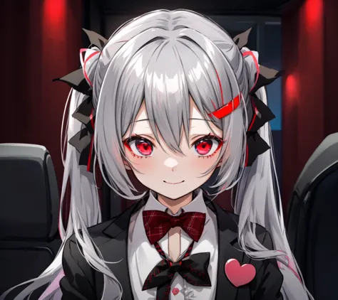 hatunemiku,ribon,red eye,suit,anime Gray Hairの女の子 and red eyes sitting in a car, gapmoe yandere, yandere, ギャップ萌えYandereグリムダーク, p...