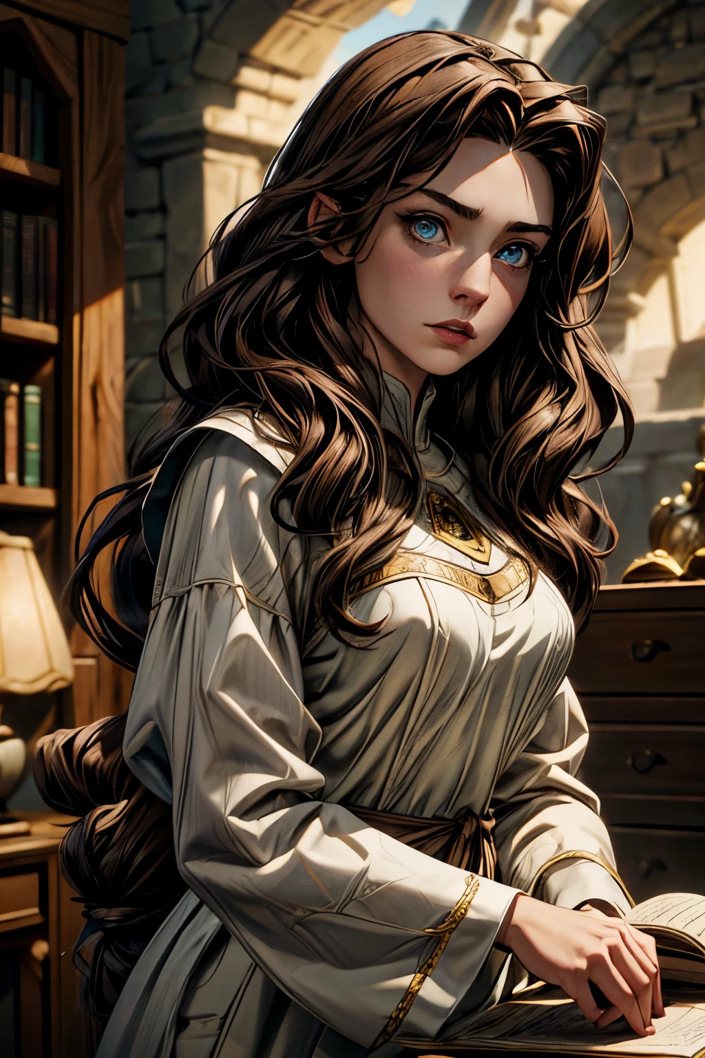 solo, medieval character concept art, ((masterpiece)),((high resolution)),((best quality)), extremely fine and beautiful, super fine illustration, (realistic skin), (insanely detailed anime eyes), mature, vivid and beautiful, shocking sensation, incredibly detailed, beautiful detailed girl, (small supple breasts:1.0), side view, facing at viewer, (modest cotton dress:1.0) ((brown hair)), (very long hair), (plump thighs:0.6), (wide hips:0.6), movie lighting, weighted shadows, weighted hair, realistic physics, perfect shadow, realistic lighting shaded, medieval scenery
