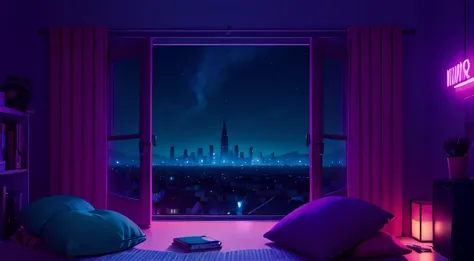 Night city seen from the window. anime, manga, And Lofty. reluctant machine. nice, invite, Comfortable space. Messy Setting Sere...