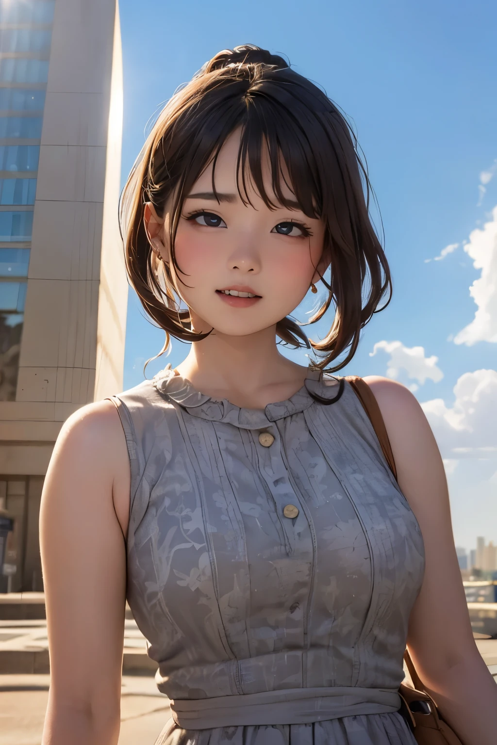 high-definition image, (((round face))), eyes realistic sizing, realistic skin, drooping eyes, smiling, ((various patterned feminine casual long dress)), (strong sunlight, old fashion), skyscrapers, hair up,